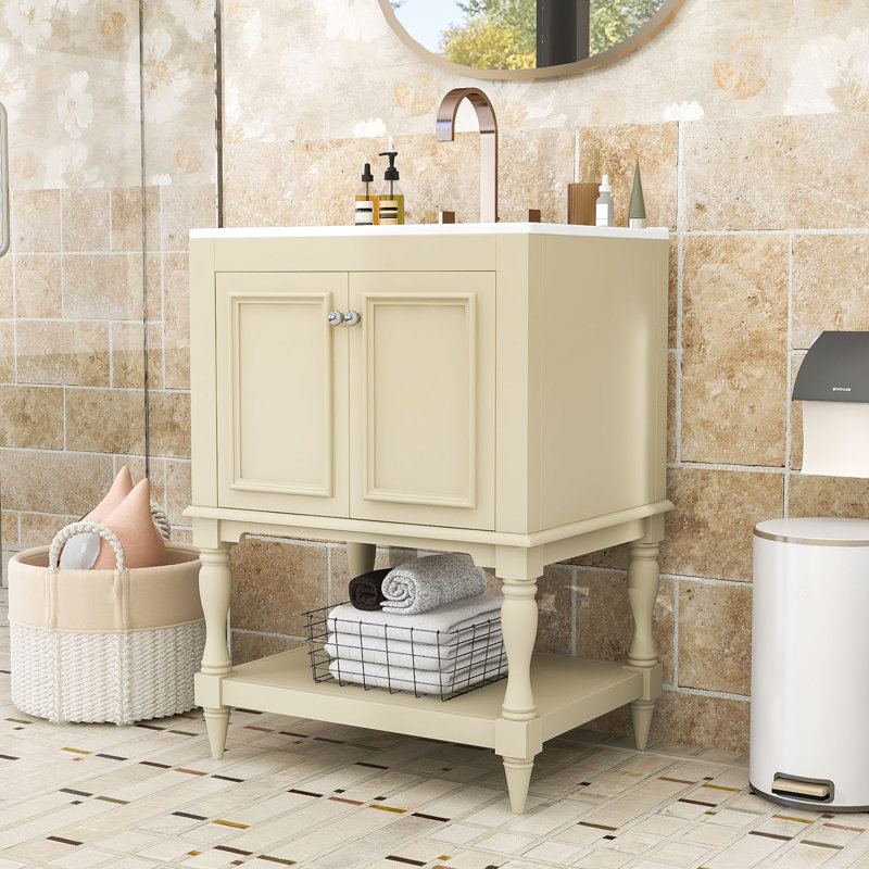 Meuble-lavabo autoportant élégant avec lavabo en céramique, tablette ouverte et rangement fermé, Beige