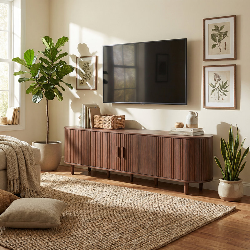 Mid Century Modern TV Stand With Power Outlets & Storage Shelves to Fit up to 80" TVs, Wood Media Console Tambour Door For Living Room And Bedroom