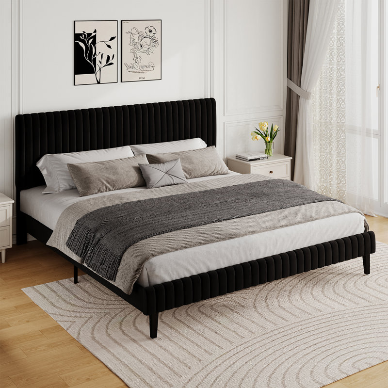 Velvet Upholstered Platform Bed Headboard and footboard with soft-padded vertical channel quilting, King, Black