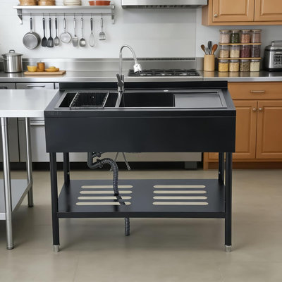 Black 47.5" Double Bowl Drop-In Kitchen Sink with Faucet – Left Double Bowl, Right Flat Platform