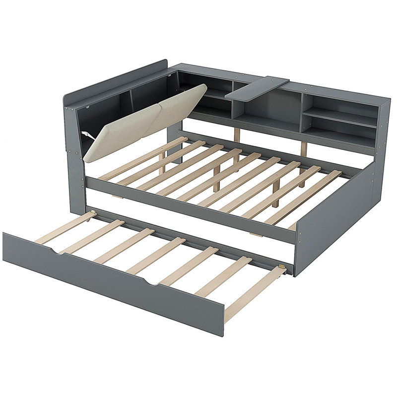 Lit plateforme en bois avec tiroirs, tablettes et tête de lit avec rangement, Gris