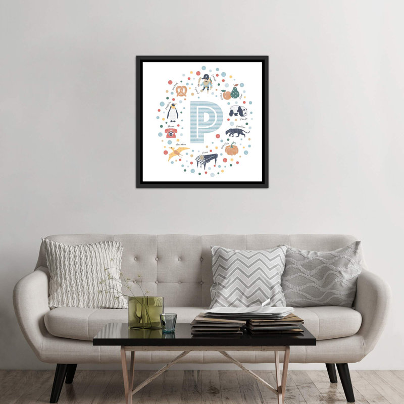 Lettre illustrée P bleue - impression, Pas de tapis, H 37 po x l 37 po x P 1,5 po, Toile avec cadre noir patiné