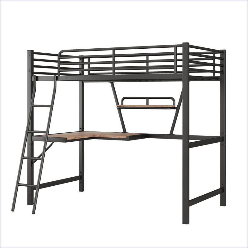 Lit en bois et panneau de fibres à densité moyenne avec bureau et tablette Loft, Noir, noir, noir, noir, Simple
