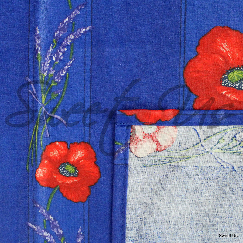 Wipeable Stain Resistant Acrylic Coated Cotton French Provencal Poppy Floral Tablecloth, Blue, 98" x 60"
