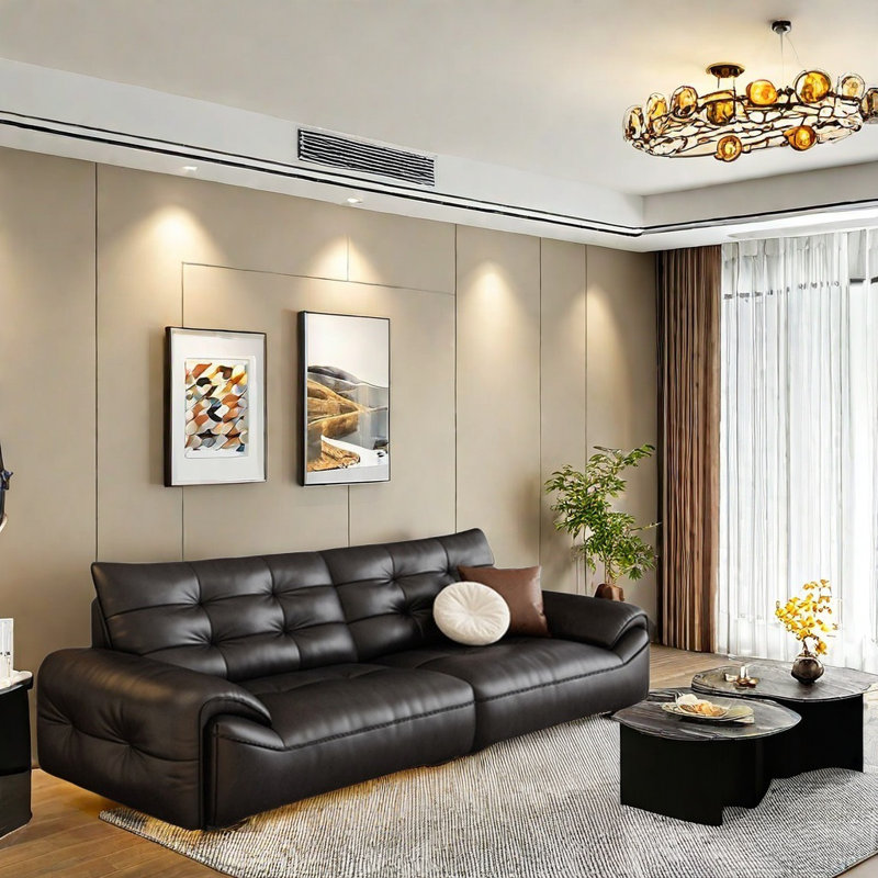 Canapé rétro noir, 3, H 33,85 po x l 98,42 po x P 37,4 po