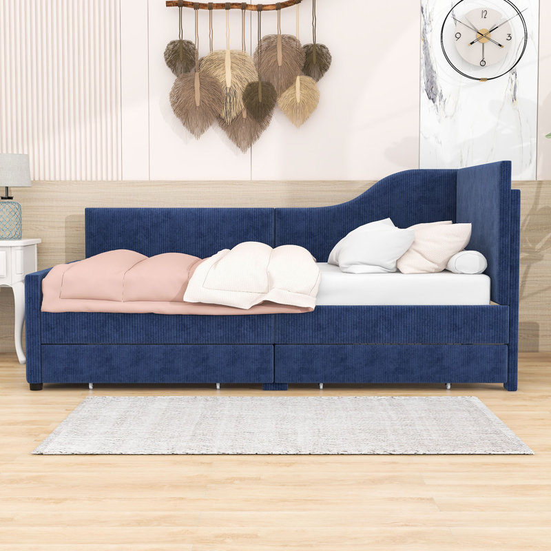 Twin Wood L-Shaped Upholstered Bed with Drawers, Blue