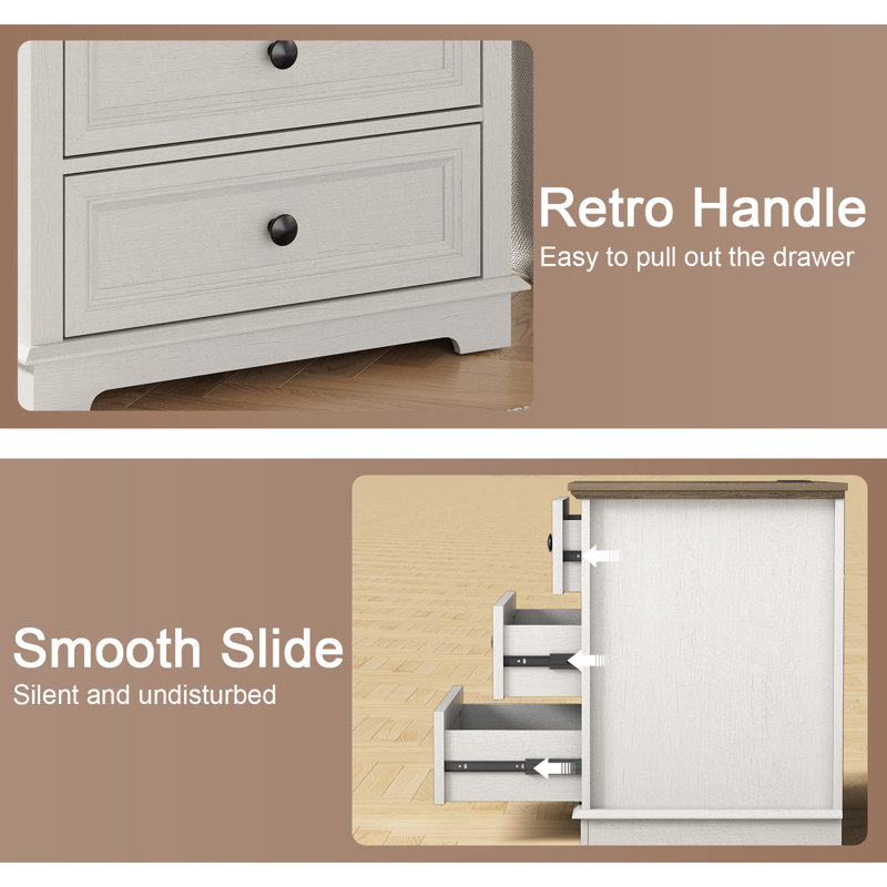 Beattie 3-Drawer End Tables with Storage and Built-in Outlets,Side Table, White/Walnut