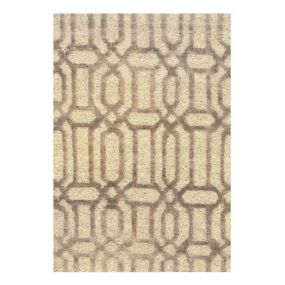 Tapis géométrique beige / noir en laine / soie noué à la main à motif géométrique 3 pi 11 po x 5 pi 8 po