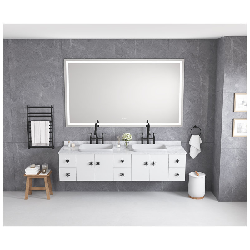 Miroir de meuble-lavabo à DEL 84 po x 40 po avec façade et rétroéclairage DEL, cadre blanc en aluminium
