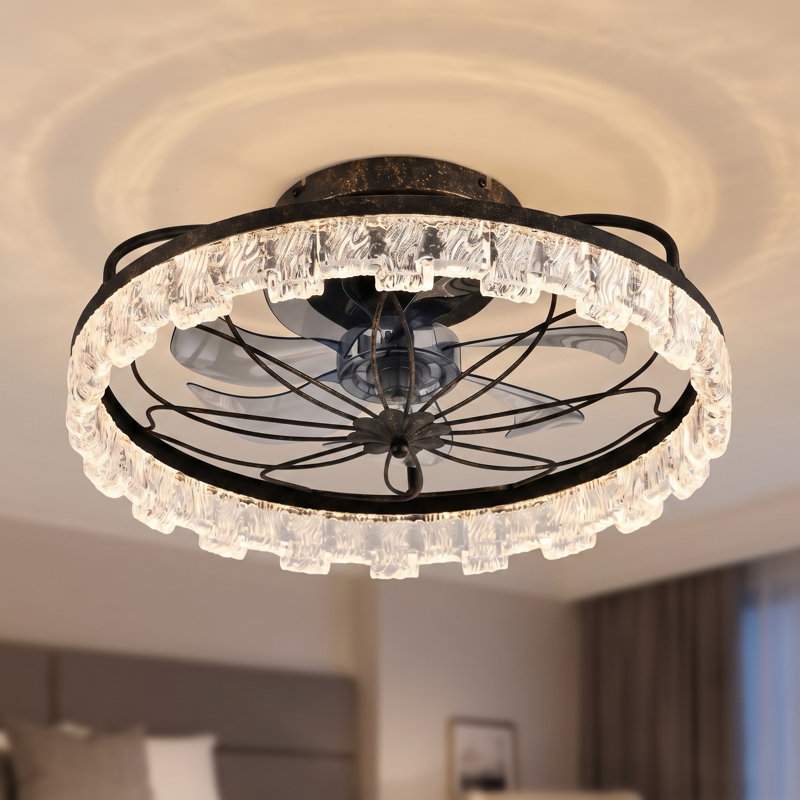 21" Antique Black Rustic Caged Ceiling Fan with Dimmable LED Light and Remote