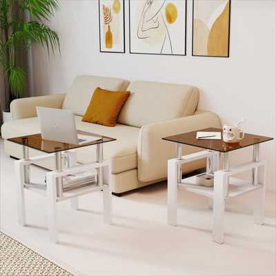 Ensemble de 2 tables à thé modernes en verre trempé, plateau en verre trempé avec panneau de fibres à densité moyenne, table basse, table de bout, table carrée pour le salon