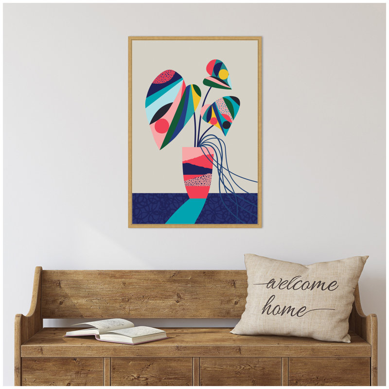 «MCM Blue and Pink Monstera» par Rachel Lee, 3 oiseaux, reproduction d'art sur toile encadrée, Jaune