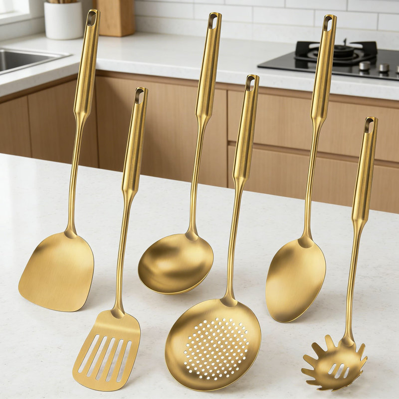 Ensemble d'ustensiles de cuisine professionnel en acier inoxydable 6 pièces avec spatule, louche, écumoire, cuillère à spaghetti et cuillère de service, va au lave-vaisselle