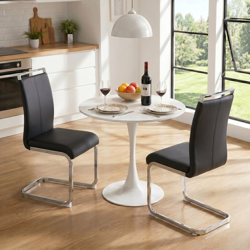 Ensemble de salle à manger 3 pièces avec chaises en porte-à-faux en similicuir, Blanc, Blanc blanc, Noir