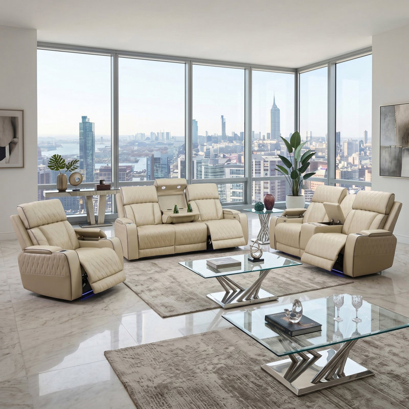 Ensemble de canapé de salon inclinable 3 pièces Madison en cuir végétalien beige avec porte-gobelets, charge sans fil et lumières DEL