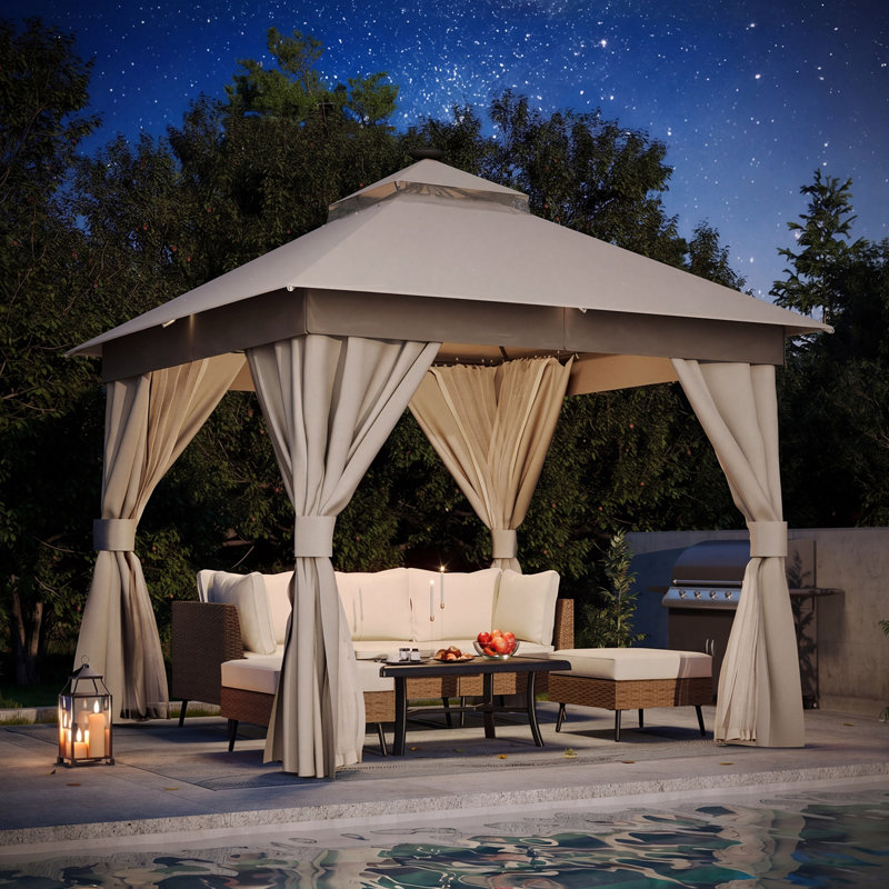 Steel Patio Gazebo, 10 Ft. X 10 Ft. with LED Lights, Khaki