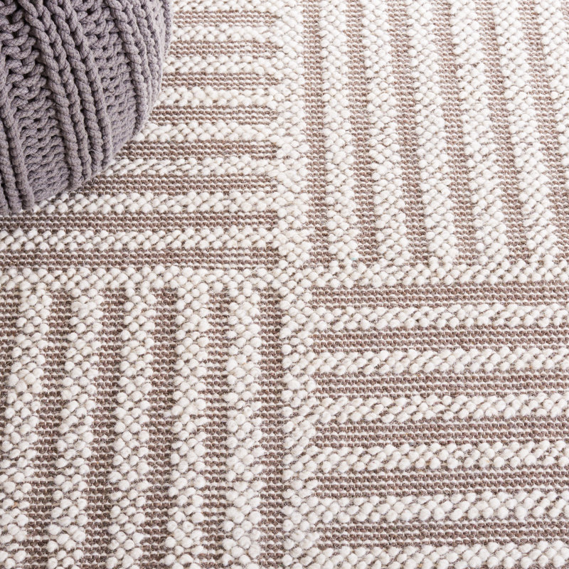 Darvone Hand Woven Wool/Cotton Striped Rug in Ivory/Taupe, Square 6'