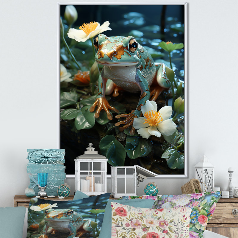 «Green Frog On Glass Effect I», reproduction sur toile, Cadre flottant blanc, 44" H x 34" W