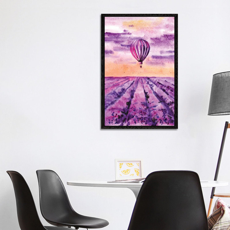 Hot Air Balloon Over Lavender Field by Nataly Mak - Gallery-Wrapped Canvas Giclée on Canvas, Black Floater Framed