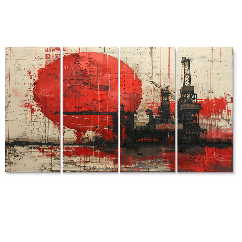 Red Black Petrochemical Pulse Oil Rigs - Ensemble de salon d'art mural, H 28 po x l 48 po