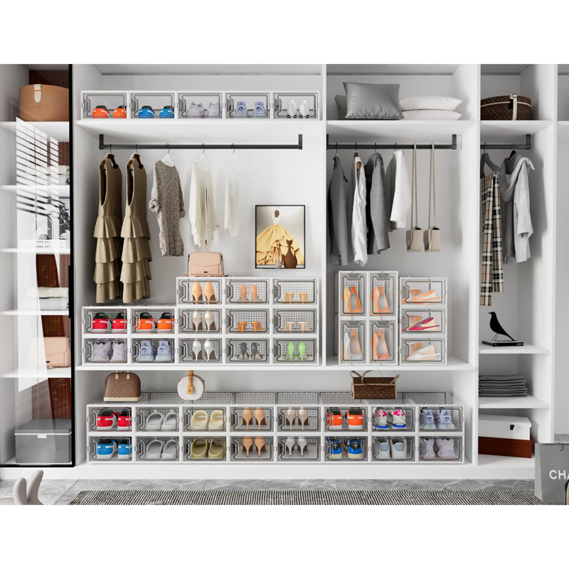 Shoe Storage Box,12 Pcs Stackable Shoe Boxes Clear Plastic Shoe Organizer Shoe Containers With Lids,Fit UK 9.5,White