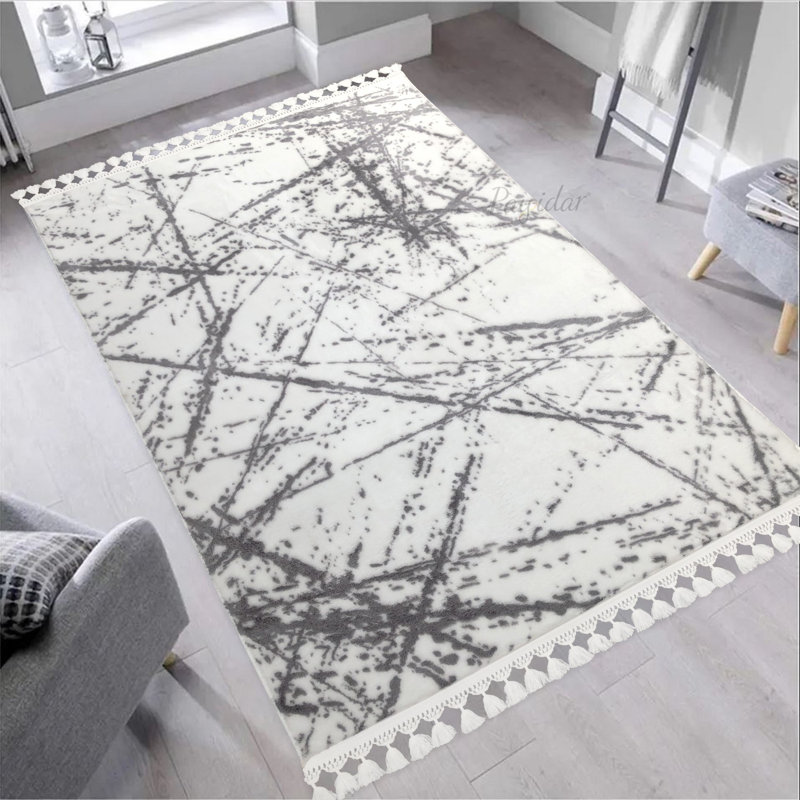 Tapis gris / blanc en polyester tissé à la machine Lunt, Rectangle 3 pi 11 po x 5 pi 7 po