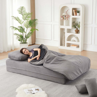 Foldable Convertible 2-in-1 Corduroy Sleeper Sofa Bed with Multi-functional Blanket