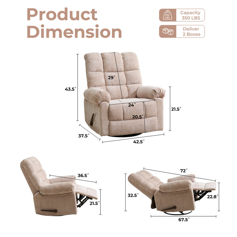 Fauteuil inclinable et pivotant berçant avec chaleur et massage, fauteuil inclinable surdimensionné de 24 po de large avec dossier rembourré, fauteuil inclinable et pivotant pivotant pour le salon, beige