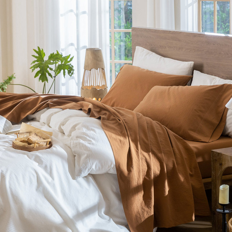 Ensemble de draps MooMee, Orange foncé, Ensemble de draps pour très grand lit avec 2 taie