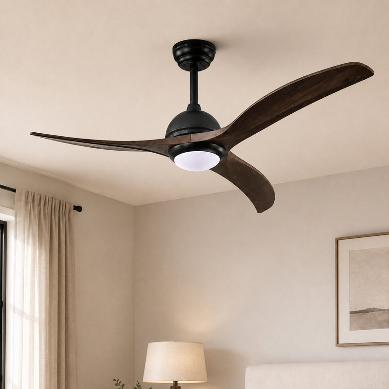 Ventilateur de plafond en bois massif de 52 po à 6 vitesses avec éclairage à DEL à intensité variable, 2 tiges et télécommande