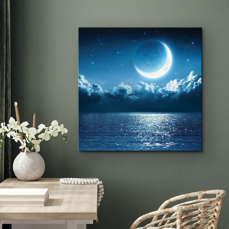 Mystic Crescent Moon & Stars Over Tropical Ocean sur toile, H 16 po x l 16 po x P 1,5 po
