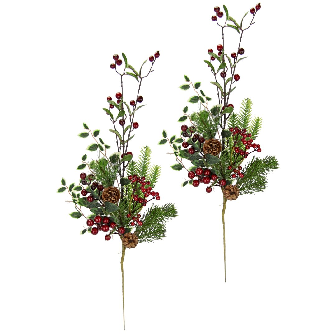 Künstlicher Beerenzweig Deko Zweig mit Beeren und Blätter grünrot Äste für Bodenvase Weihnachtsdeko