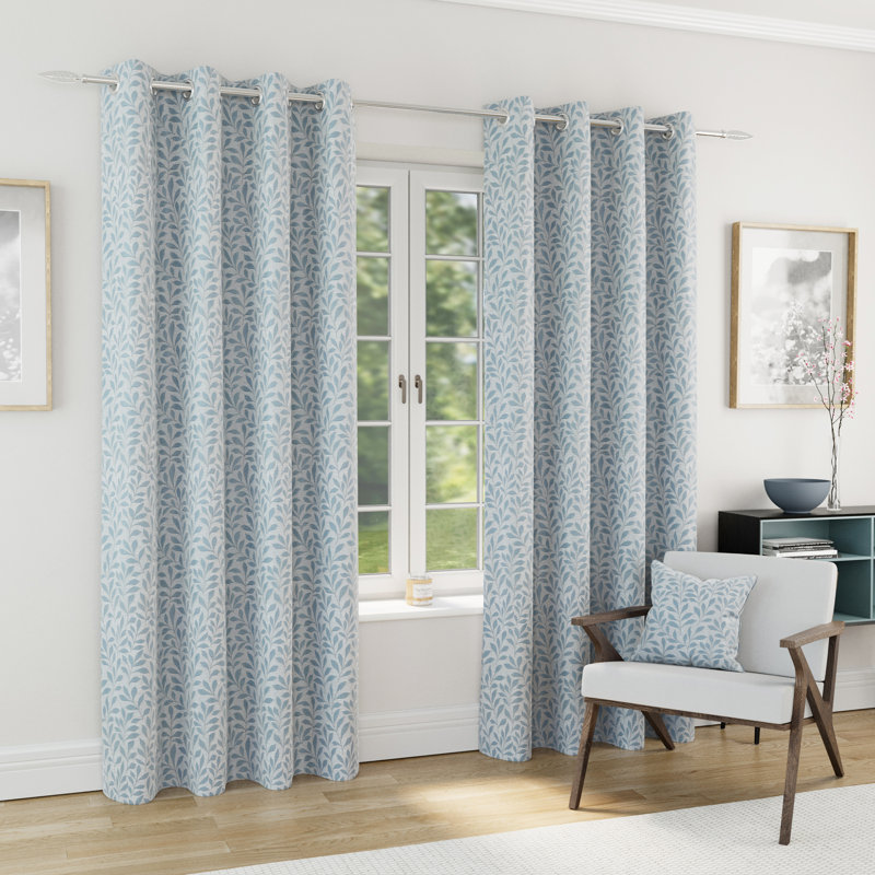Sherwood 100% Blackout Thermal Jacquard Leaf Design Curtains with Eyelet Header (PAIR), 229cm Width x 183cm Drop, Ice Blue
