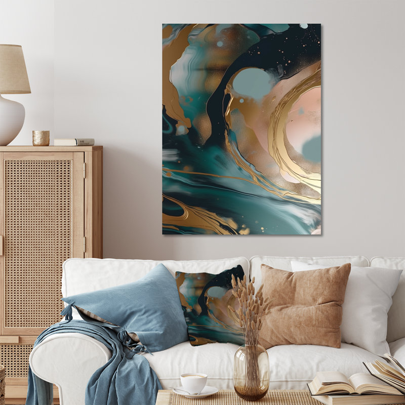 Or et vert abstrait marbre harmonie tourbillons I - marbre décoration murale, H 20 po x l 12 po x P 1 po