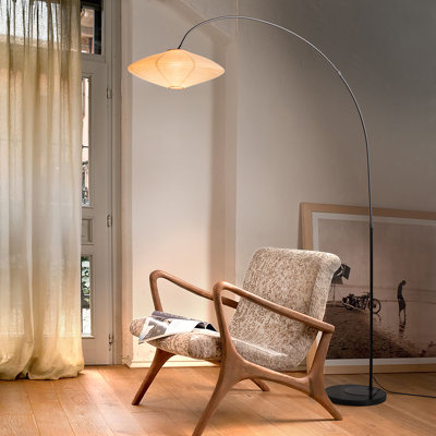 1-Light Arc Floor Lamp with Dimmer, Matte Black Finish, Handcrafted Linen-Cotton Shade, Black Marble Base, Modern Over-Sofa Arc Lighting for Living Room