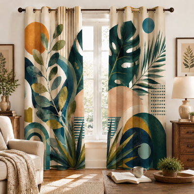 2Pcs Abstract Tropical Leaf Geometric Print Sun Blocking Curtains, Modern Artistic Botanical Pattern Light Blocking for Living Room Bedroom Decor for Home Dector