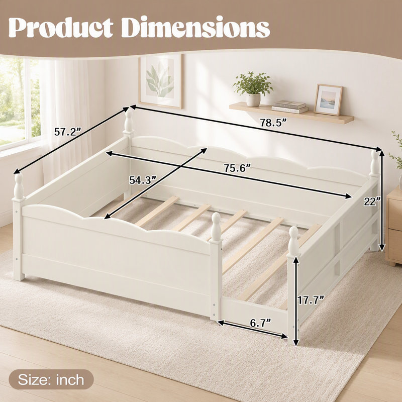 Lit double Montessori avec garde-corps et bibliothèque, Double, Beige