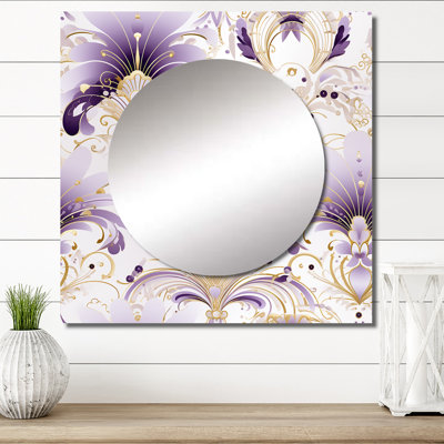 Damask Purple And White Art Deco Pattern - Bohemian & Eclectic Square Mirror Wall Decor For Bedroom