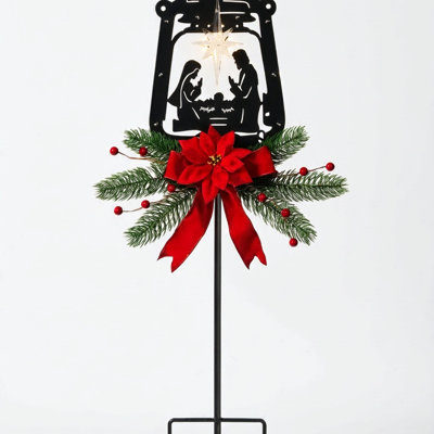 Piquet de jardin de crèche de Noël à énergie solaire, ensemble de crèche de Noël en métal pour l'extérieur avec 9 lumières DEL, silhouette de scène de mangeoire avec palmier et conception d'écurie, décoration des Fêtes pour porche de jardin, 