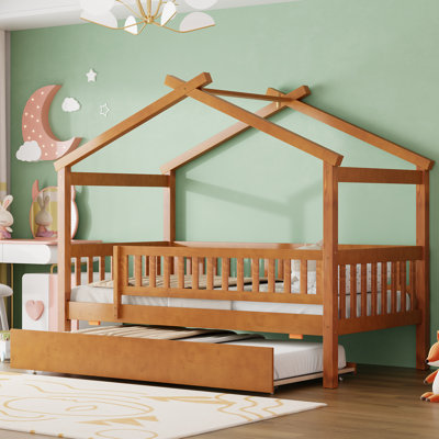 Lit simple en bois avec lit gigogne simple, noyer