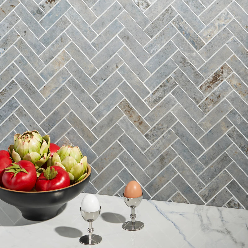 Portrait 1x4 Herringbone Matte Porcelain Mosaic Tile, Ocean Blue