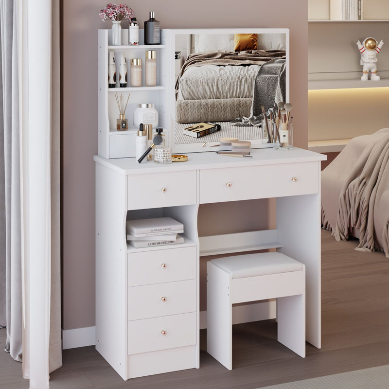 Table de meuble-lavabo de 37 pouces de taille moyenne avec tiroir rembourré gauche, très grand miroir coulissant à droite, rangement multi-couches à grande capacité, commode pratique et tendance pour les grands espaces
