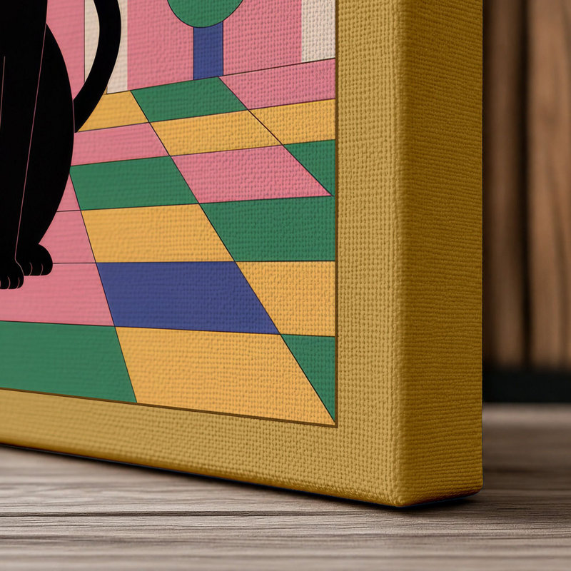 Black Cat in Pastel Interior Mid-Century 1 Piece Wrapped Canvas Wall Art, 24x16 - 61.0 x 40.6 cm, Ochre Border