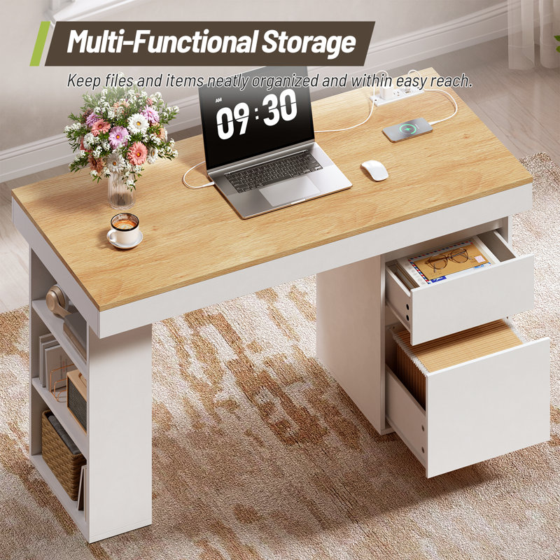 55'' Modern Computer Desk With Drawers, Wooden Executive Desk With File Drawer and Charging Station, 3-tier Open Side Shelf