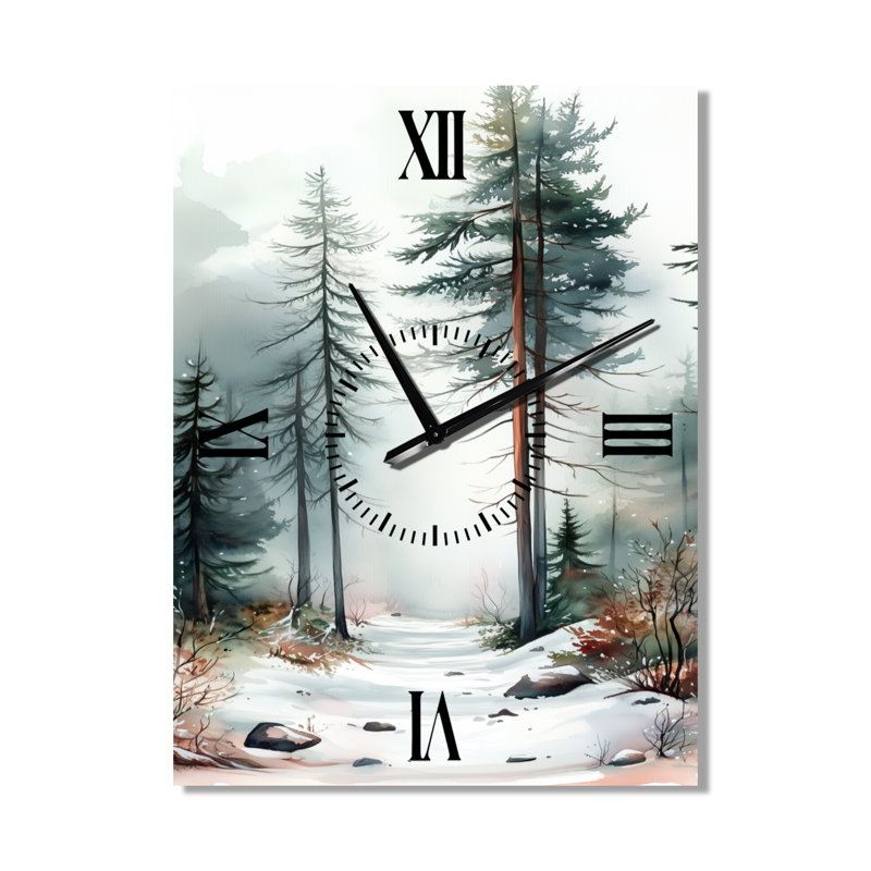 Chemin de la forêt de pins enneigés I - Horloge murale en métal pour cabane, H 32 po x l 24 po - Rectangle