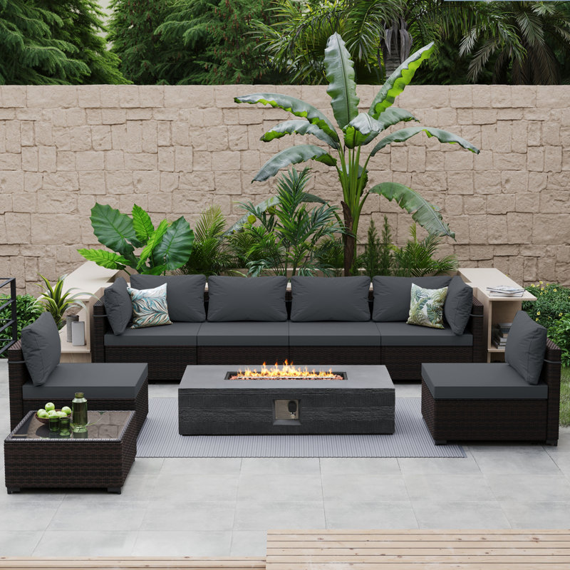 8-Piece Rattan Patio Conversation Set with Cushions and 56-Inch Outdoor Fire Pit Table, Dark Gray