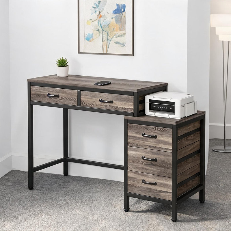 Table d'écriture industrielle avec tiroir, plateau en panneau de fibres à densité moyenne gris et structure en acier noir