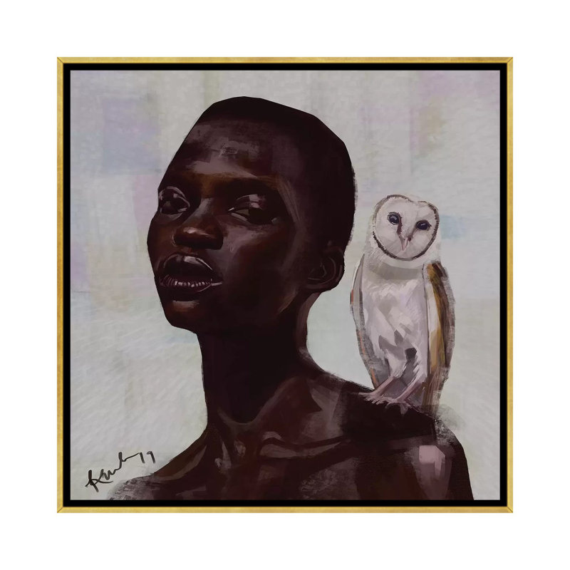 Barn Owl by Adekunle Adeleke - Painting, No Mat, 18'' H x 18'' W x 1.5'' D, Gold Framed Canvas