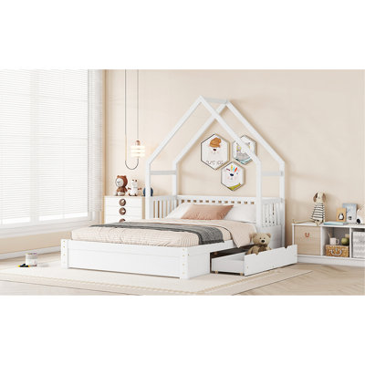 Lit en bois blanc avec garde-corps et deux espaces de rangement pratiques, 2 tiroirs fonctionnels