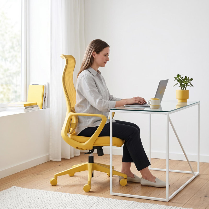 Chaise de travail ergonomique en maille à haut dossier avec support lombaire à 7 niveaux, Jaune moutarde